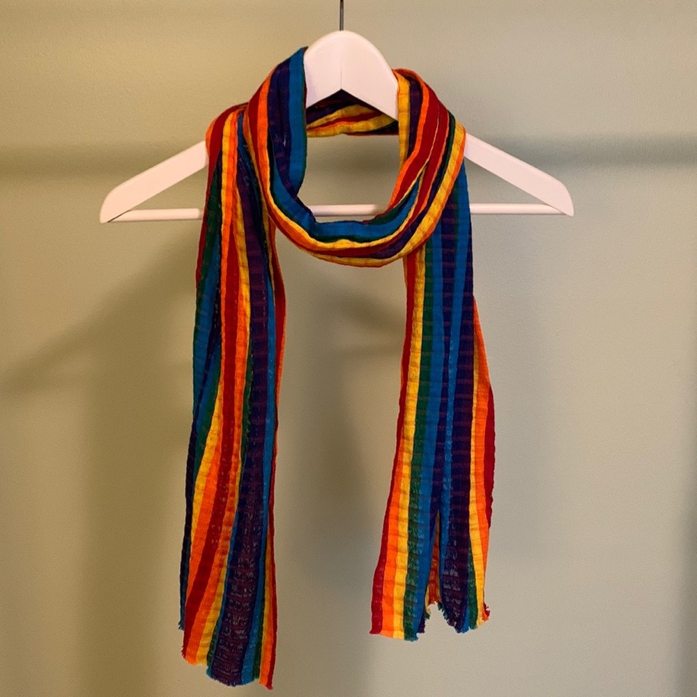 Rainbow striped scarf.